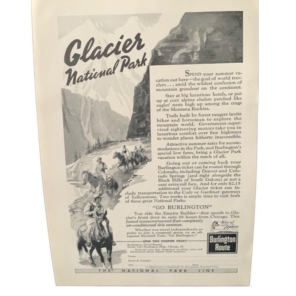 Vintage 1935 Burlington Route Glacier National Park Ad Advertisement